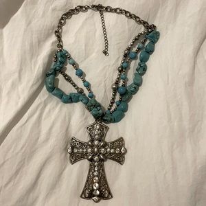 Cross rhinestone and turquoise necklace